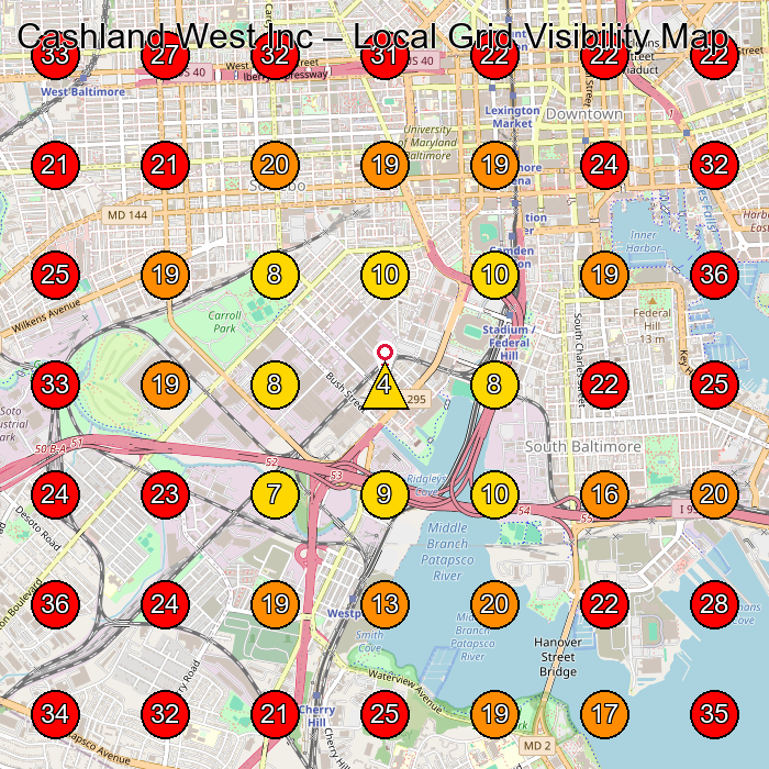 Cashland West Inc GeoGrid visibility map for Clothing Store in Baltimore